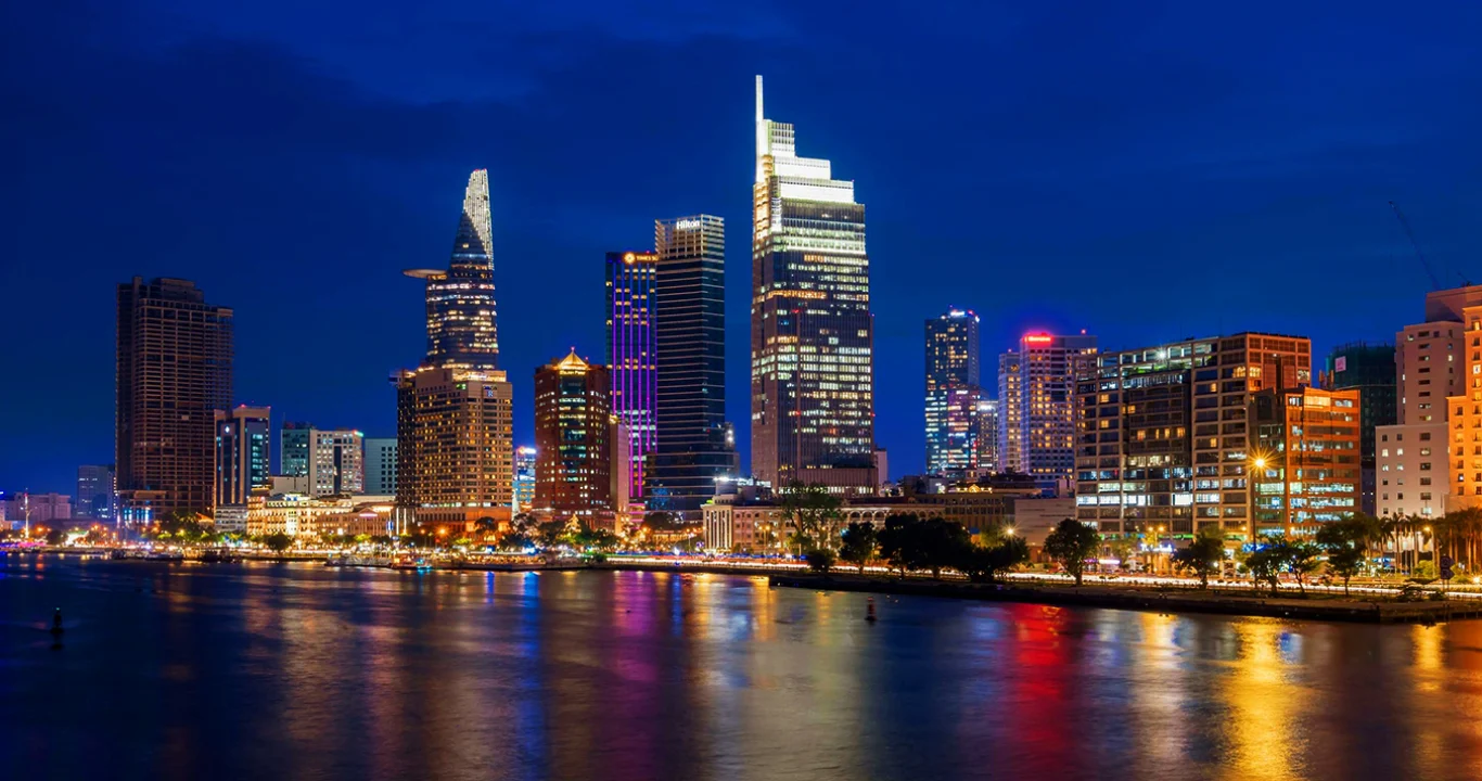 The Ho Chi Minh City skyline reflected after dark