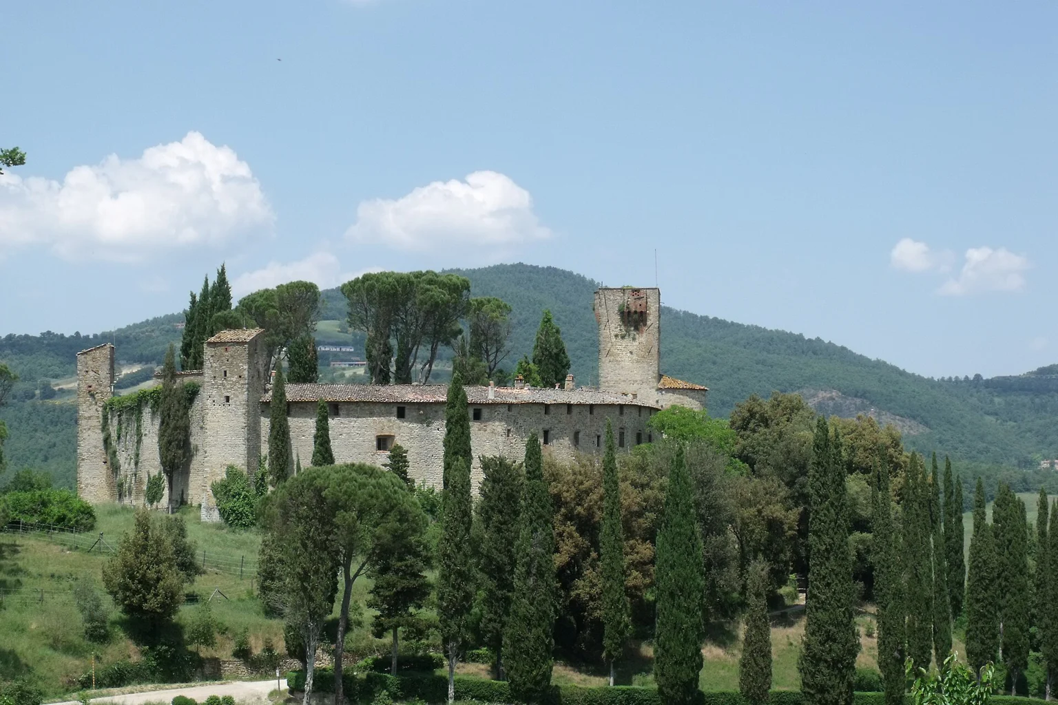 Historic exterior of Reschio castle in Umbria