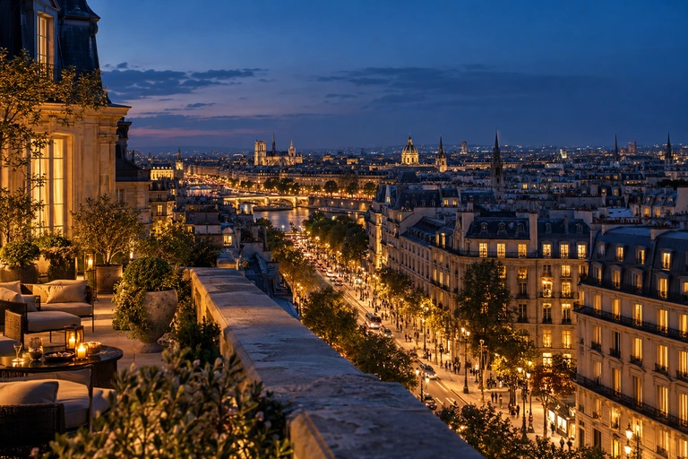 Illustrative city rooftops and warm windows at dusk