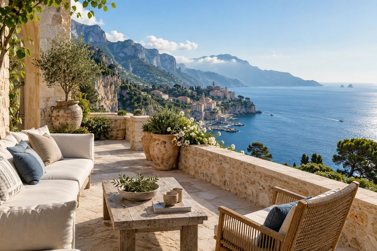 Illustrative sunlit terrace beside a blue sea