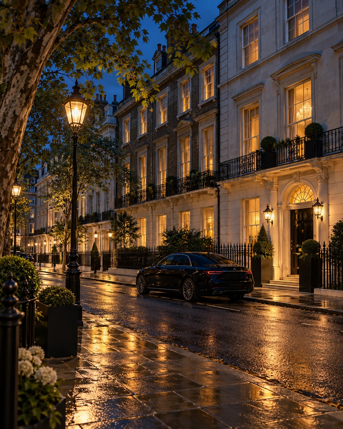 Illustrative Mayfair street with warm windows at blue hour