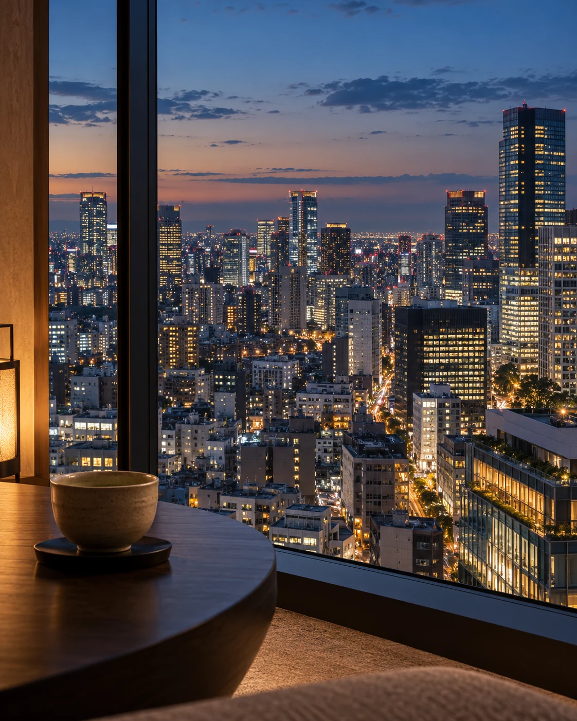 Illustrative Tokyo skyline from a quiet high-rise lounge