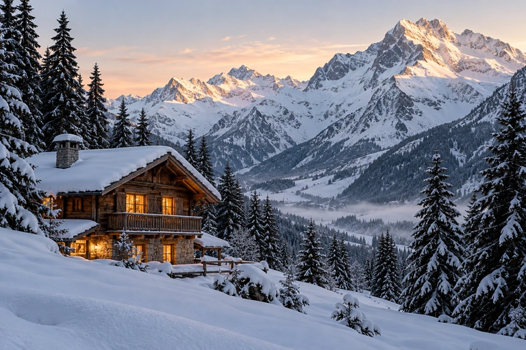 Illustrative snow-covered chalet and Alpine peaks