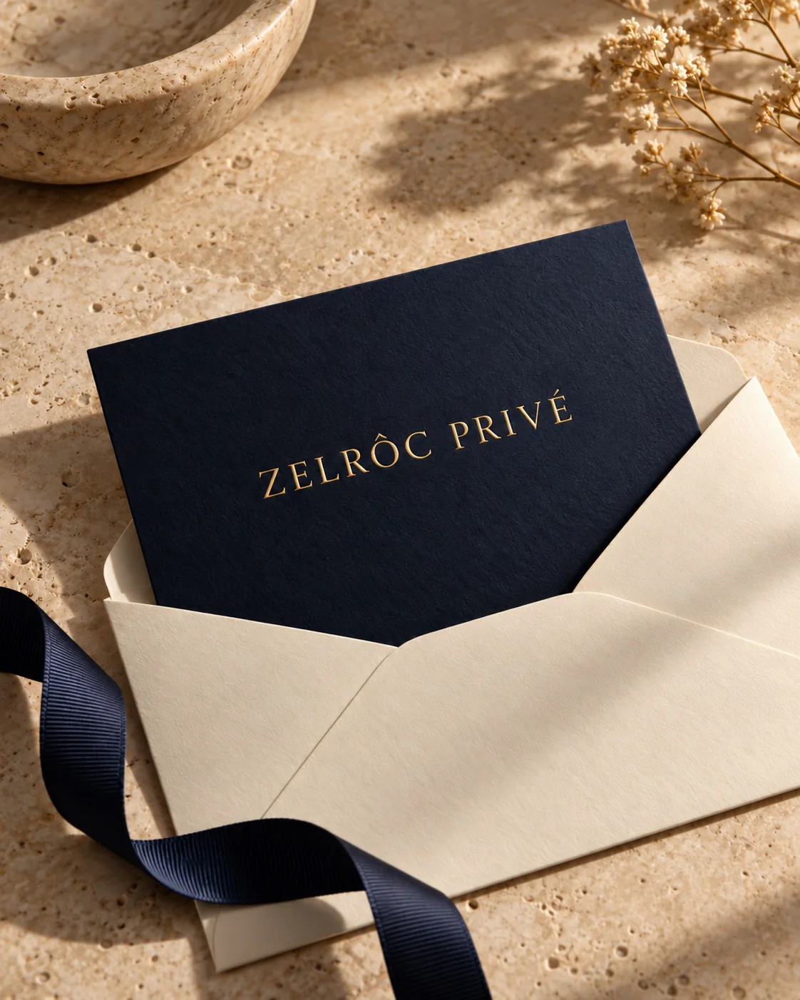 Design visualization of a midnight navy ZELRÔC PRIVÉ gift card with an ivory envelope