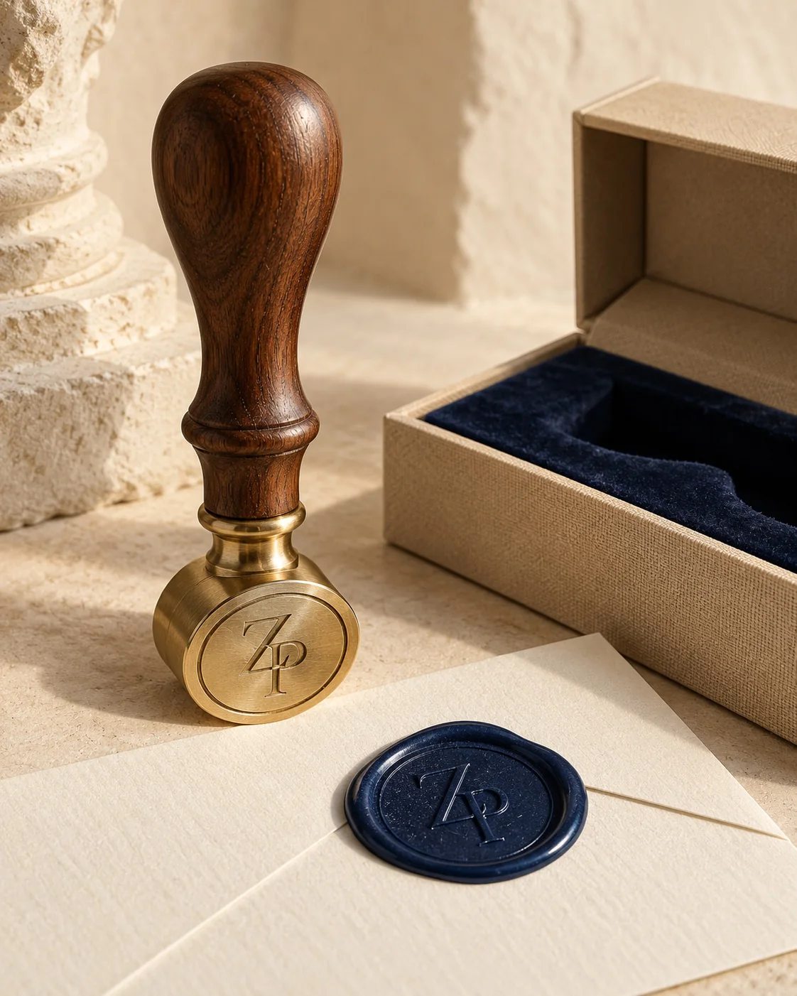 Design visualization of a brass and dark wood sealing stamp with navy wax and ivory stationery