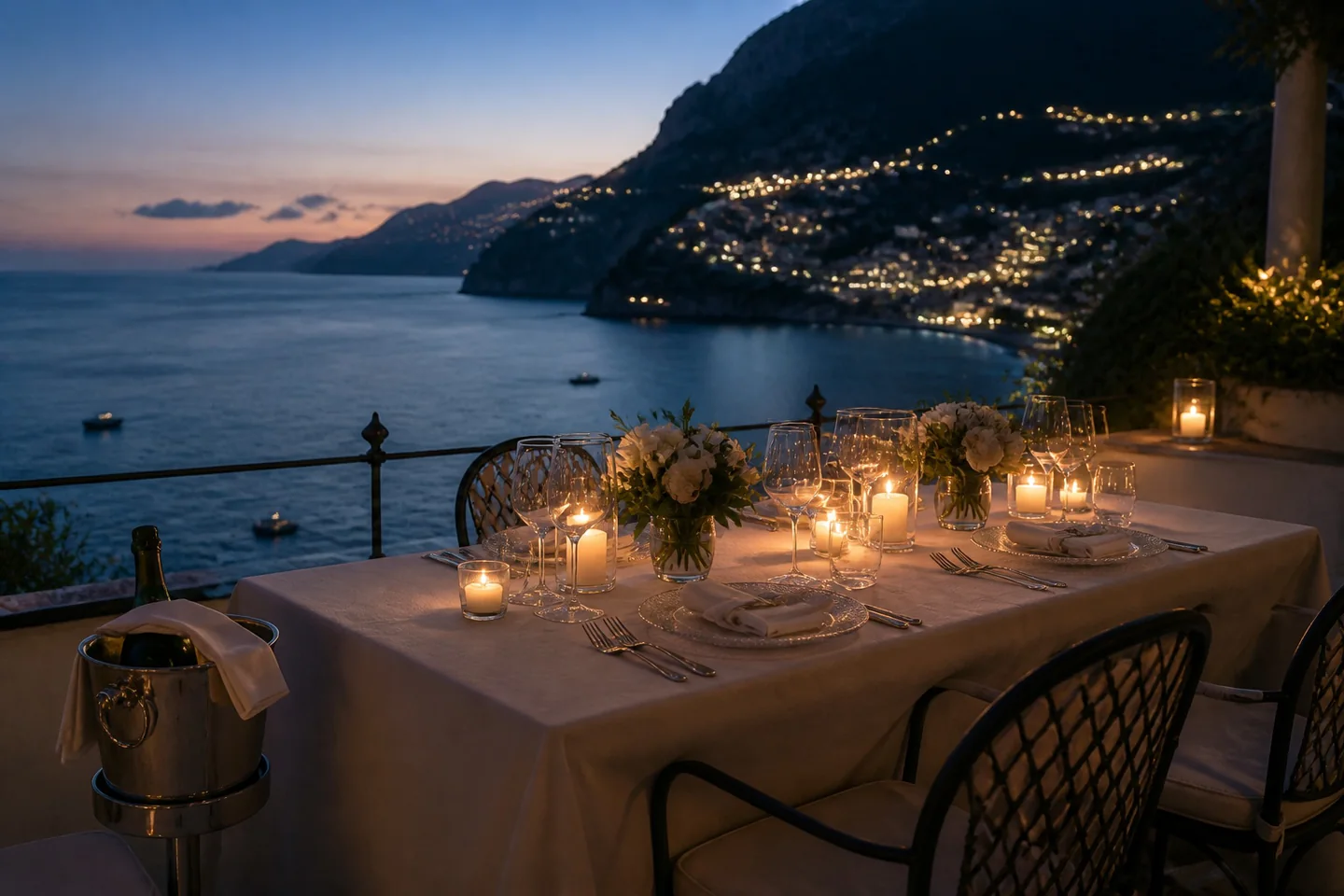 Illustrative dining terrace by the sea at dusk