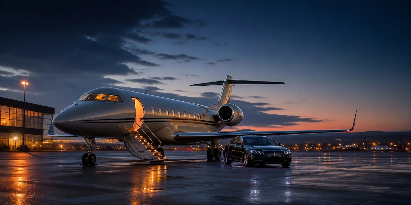 Illustrative private aircraft and chauffeured car at dusk