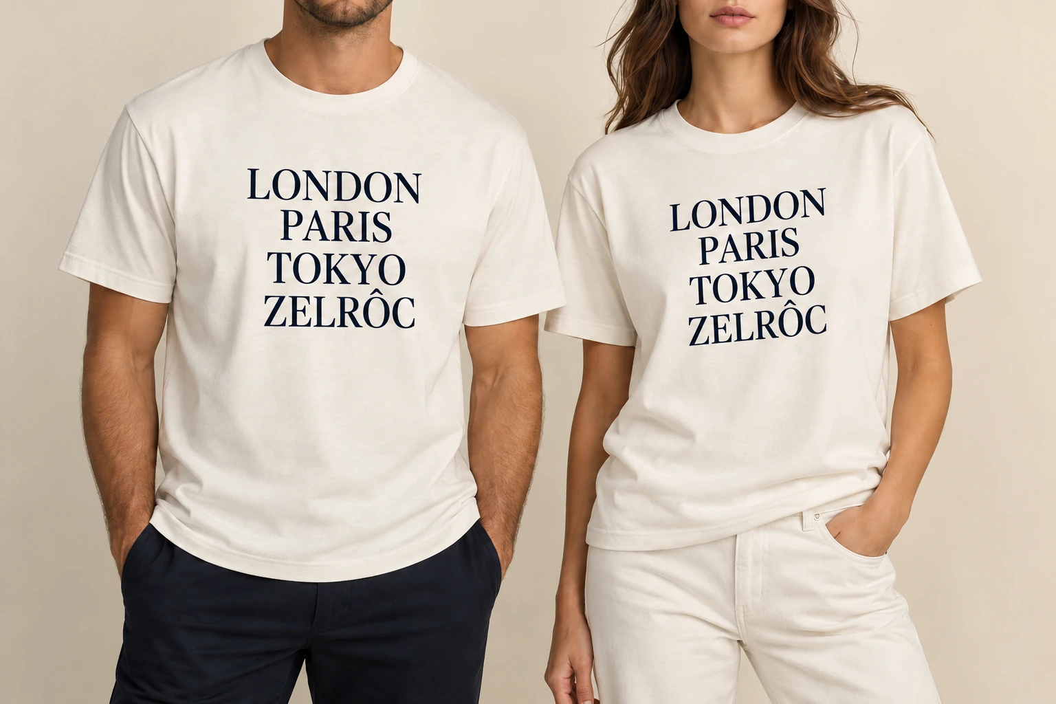 London. Paris. Tokyo. ZELRÔC. ZELRÔC unisex T-shirt shown on a man and a woman