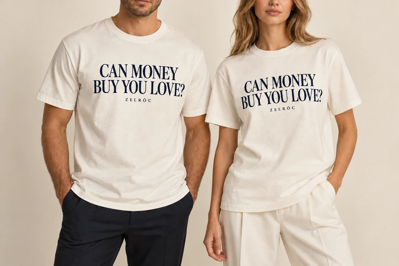 Can Money Buy You Love? ZELRÔC unisex T-shirt shown on a man and a woman